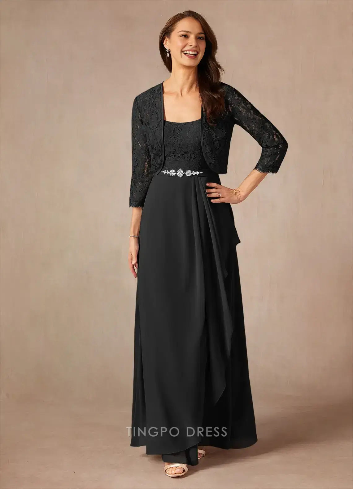 Vintage Two Piece Scoop 3/4 Sleeve Back Zip Floor-Length Mother of the Bride Dress